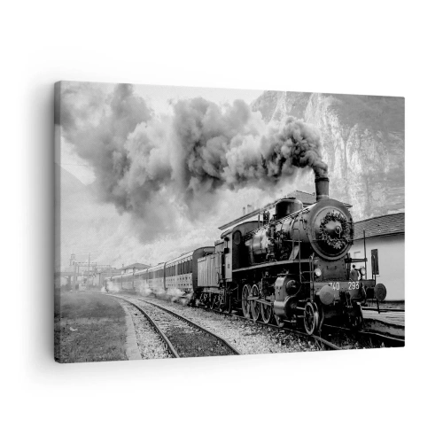Lærredstryk - Billede på lærred - Et sort-hvidt damplokomotiv mod et bjerglandskab - 70x50cm - Står på stationen... - Moderne vægdekoration til stue og soveværelse ARTTOR