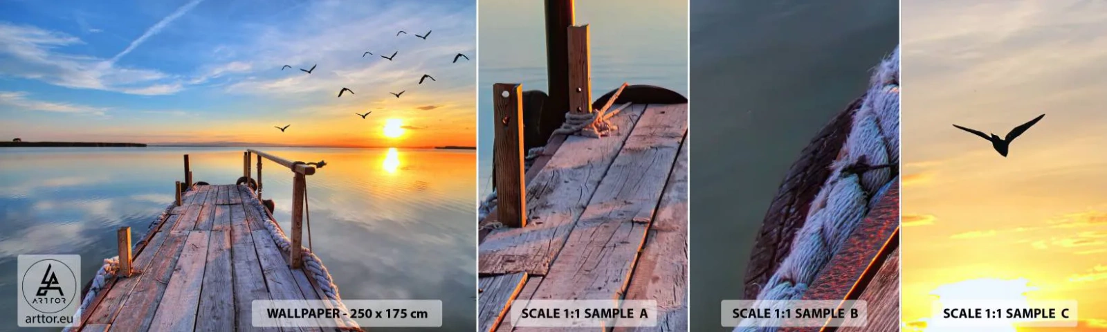 Fototapet Prøve Standard Eco - Går fremad mod solen - Landskab, Sø, træbro - 100x30 cm