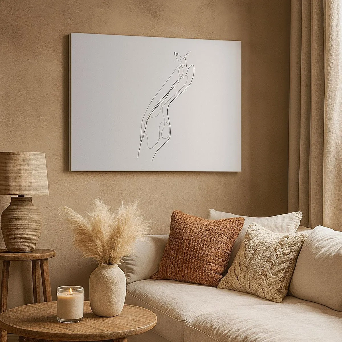 Lærredstryk - Billede på lærred - En minimalistisk linje, der viser en silhuet mod en lys baggrund - 70x50cm - Næppe et løfte - Moderne vægdekoration til stue og soveværelse ARTTOR