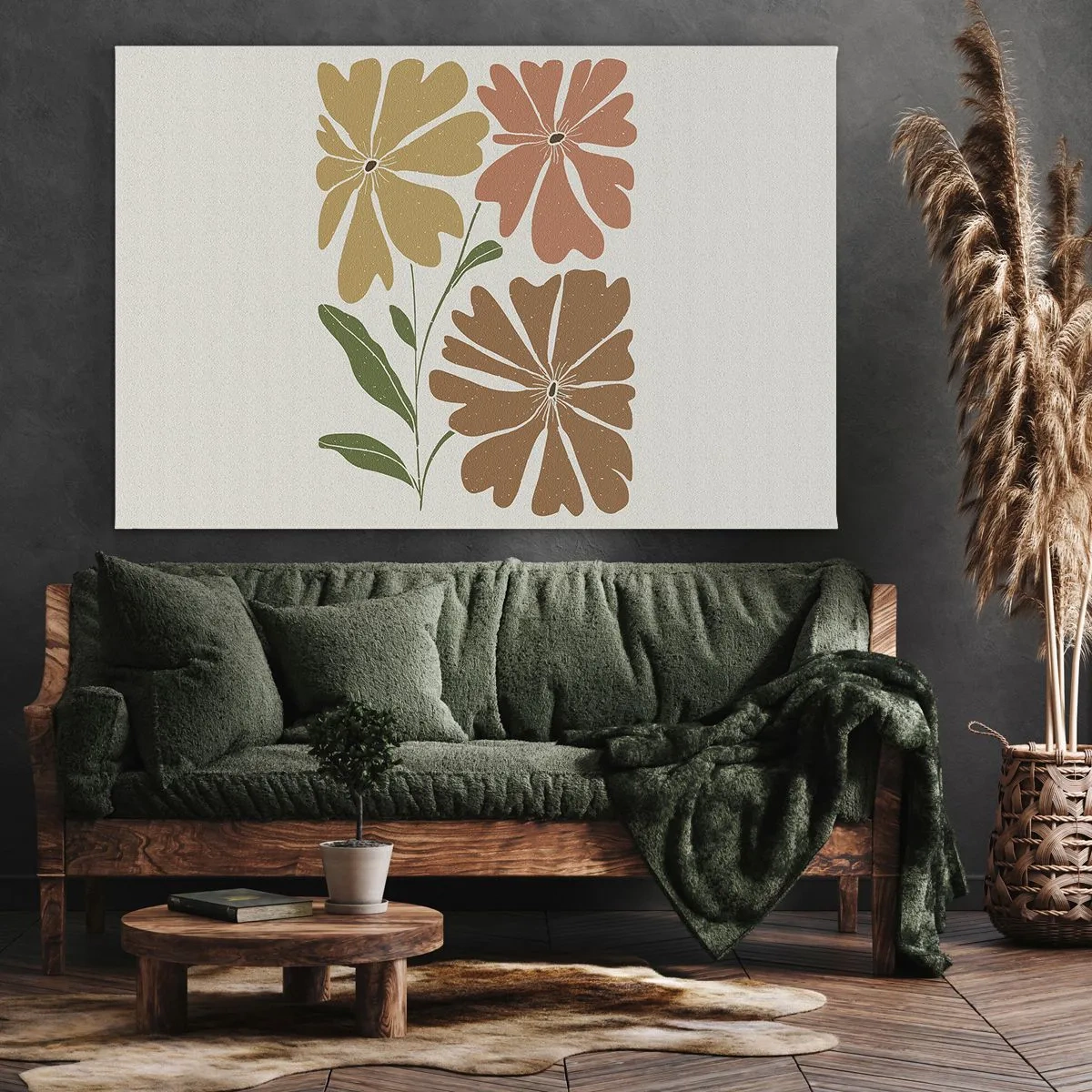 Lærredstryk - Billede på lærred - Tre blomster i varme farver på en lys baggrund - 70x50cm - Natur og geometri - Moderne vægdekoration til stue og soveværelse ARTTOR