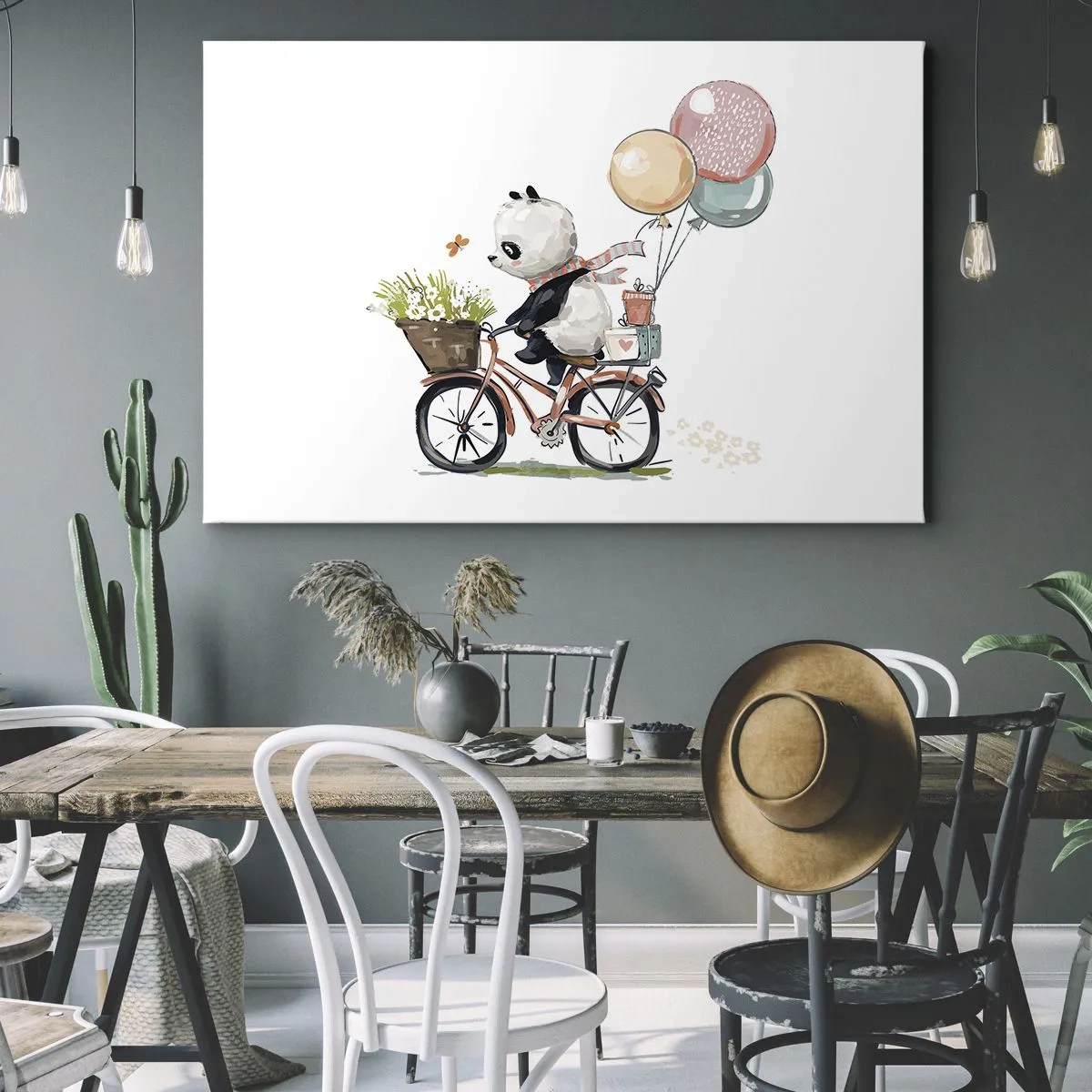 Lærredstryk - Billede på lærred - Panda på cykel med balloner og blomster - 70x50cm - Glædelig dag - Moderne vægdekoration til stue og soveværelse ARTTOR