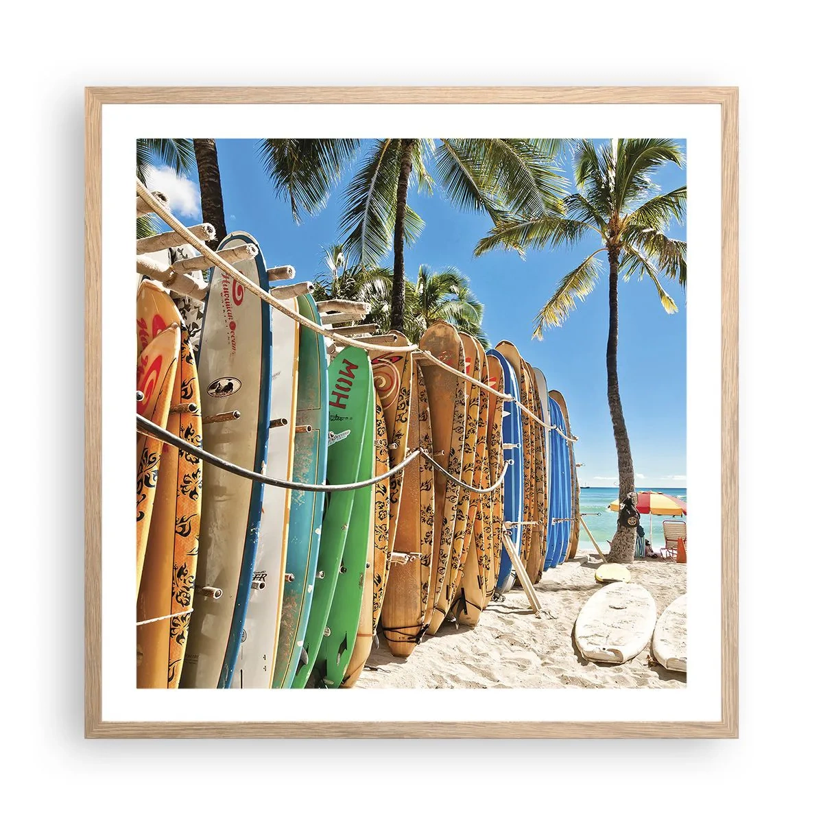 Plakat i ramme af lyst egetræ - Solrig sjov - 60x60 cm