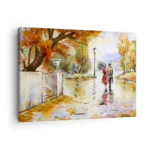 Lærredstryk - Billede på lærred - En gåtur i efterårsparken med en paraply - 70x50cm - Romantisk efterår i parken - Moderne vægdekoration til stue og soveværelse ARTTOR