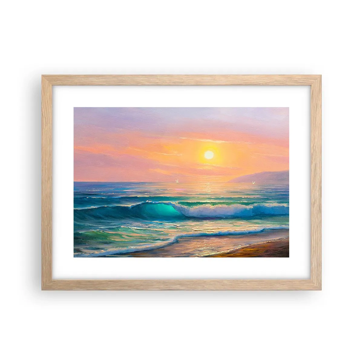 Plakat i ramme af lyst egetræ - Bølgernes turkisfarvede sang - 40x30 cm