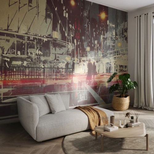 Fototapet Selvklæbende Deluxe Sticker - En storbyoverfart - By, Arkitektur, Natteliv - 100x70 cm