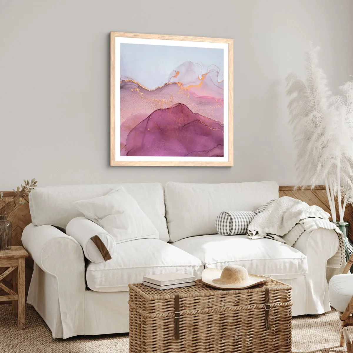 Plakat i ramme af lyst egetræ - Lilla og violette bølger - 40x40 cm