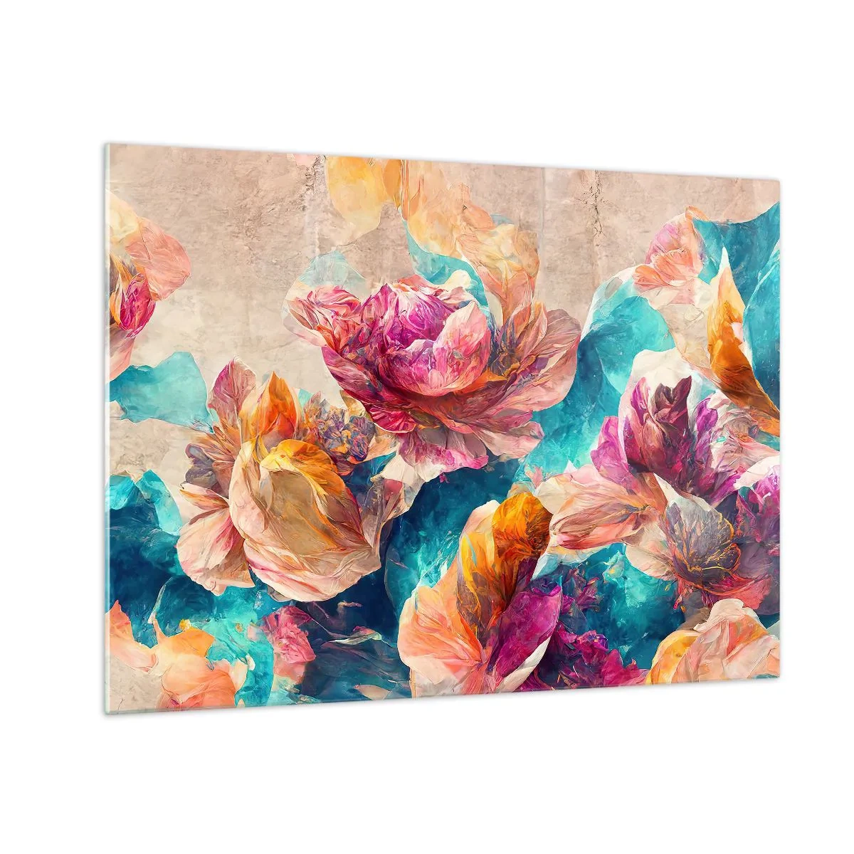 Billede på glas - Farverige blomster mod en akvarelbaggrund - 70x50cm - Den farverige pragt i en buket - Moderne vægdekoration til stue og soveværelse ARTTOR