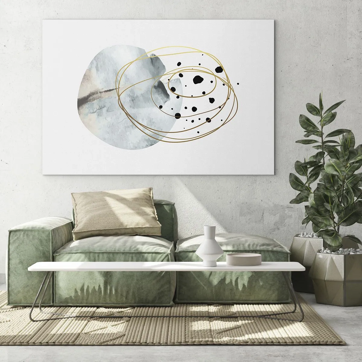 Billede på glas - Abstrakt komposition med en blå plet og gyldne linjer - 70x50cm - I rummets favntag - Moderne vægdekoration til stue og soveværelse ARTTOR