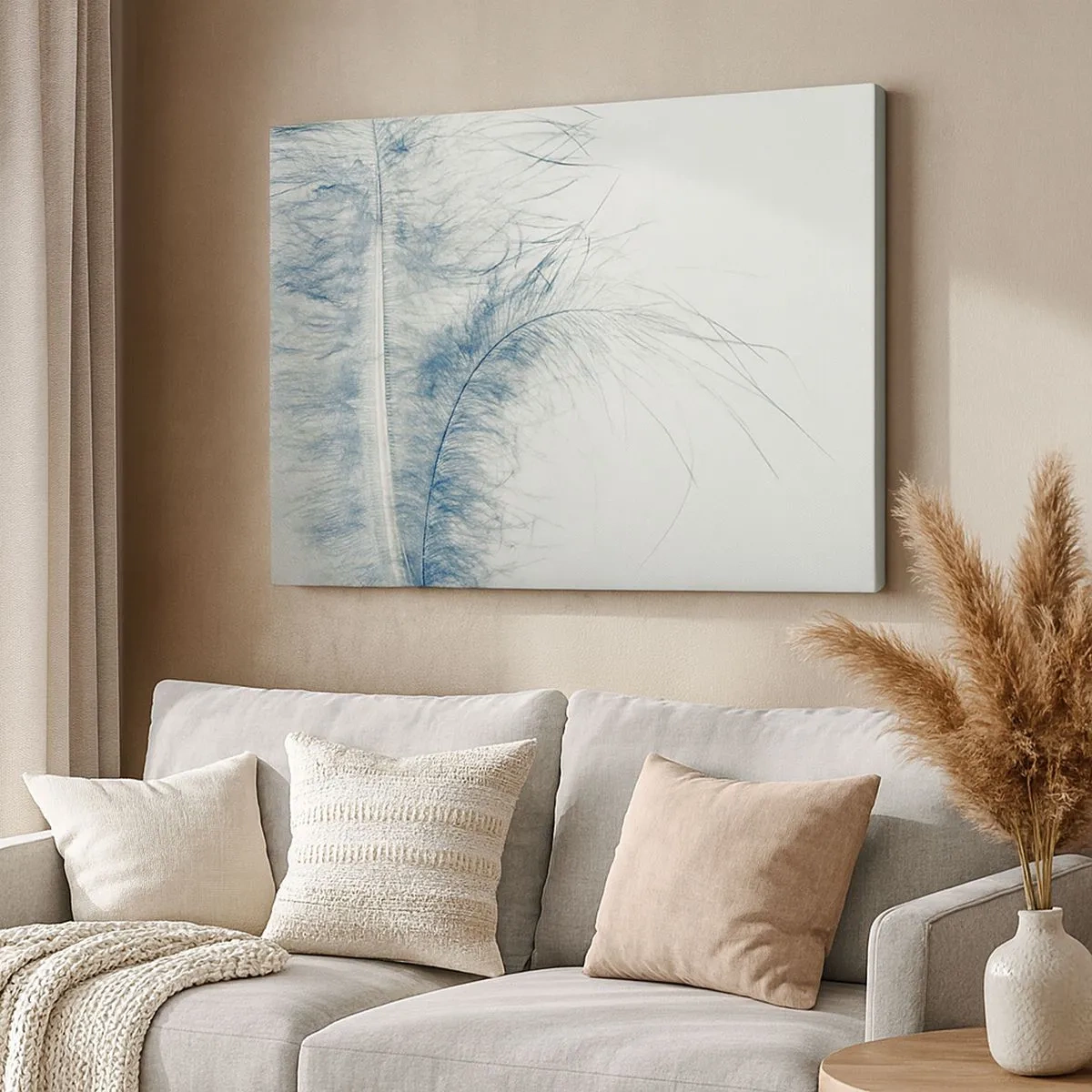 Lærredstryk - Billede på lærred - En delikat fjer i pastelfarver på en lys baggrund - 70x50cm - Naturens hvisken - Moderne vægdekoration til stue og soveværelse ARTTOR