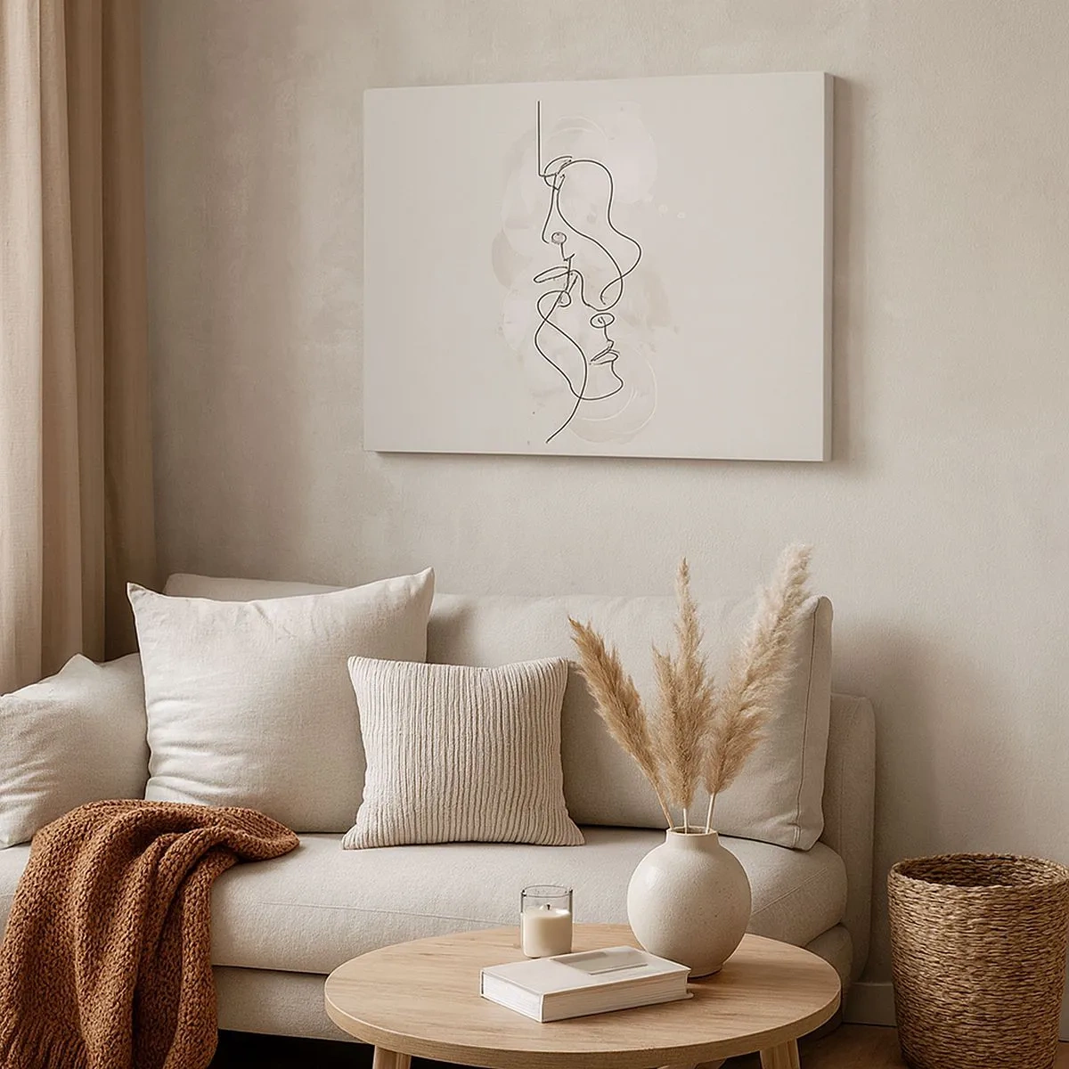 Lærredstryk - Billede på lærred - Abstrakt omrids af to ansigter på en lys baggrund - 70x50cm - Omfavnet i en omfavnelse - Moderne vægdekoration til stue og soveværelse ARTTOR