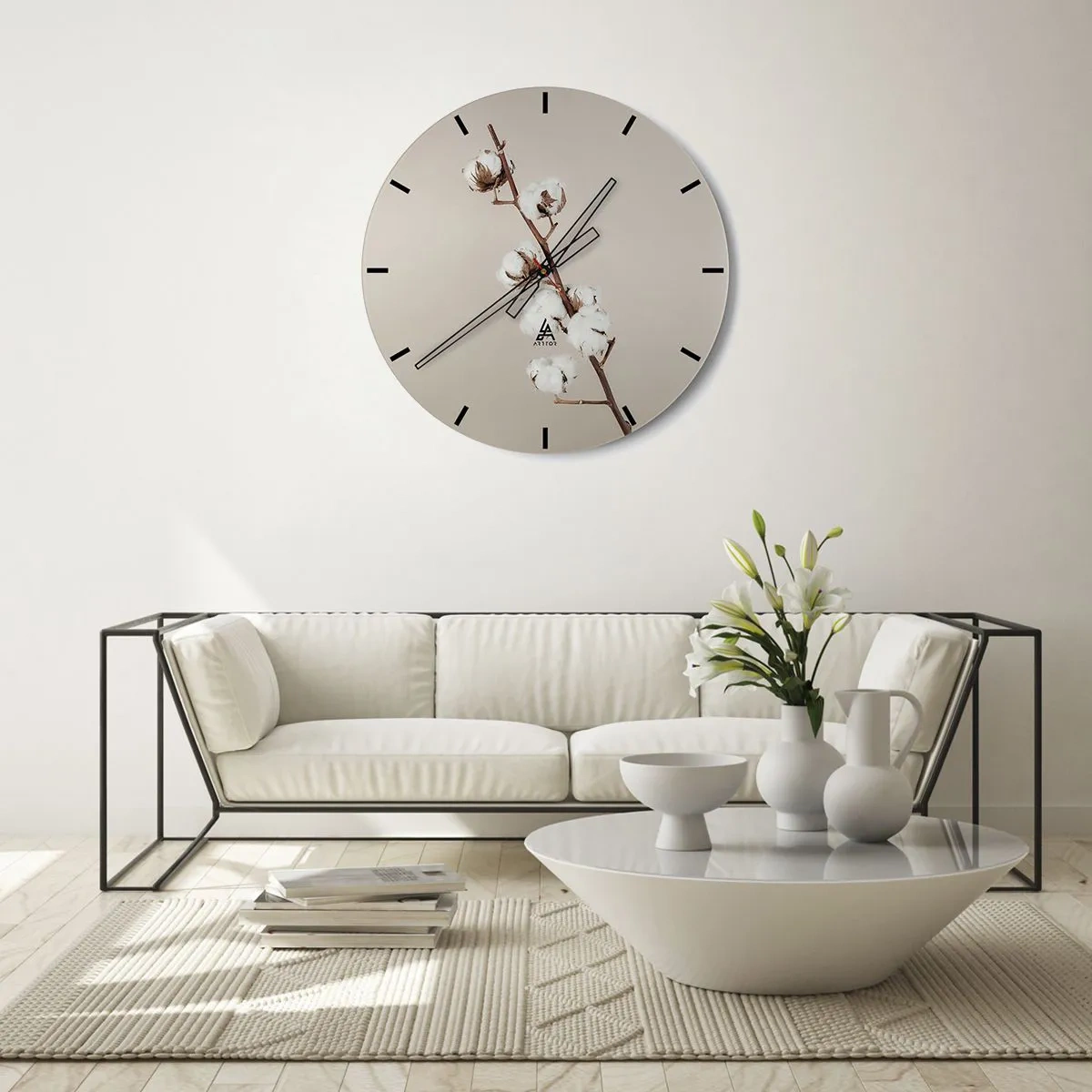 Vægur, Uret - En kvist bomuld på en beige baggrund i minimalistisk stil - 30x30cm - Ved kilden til blødhed - Moderne vægdekoration til stue, køkken og soveværelse ARTTOR