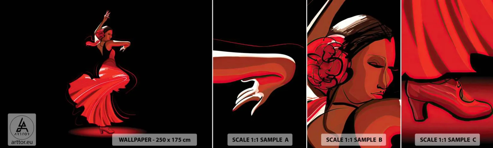 Prøve Fototapet Selvklæbende Deluxe Sticker - Flamencoens brændende ånd - Danser, Flamenco, Dans - 100x30 cm