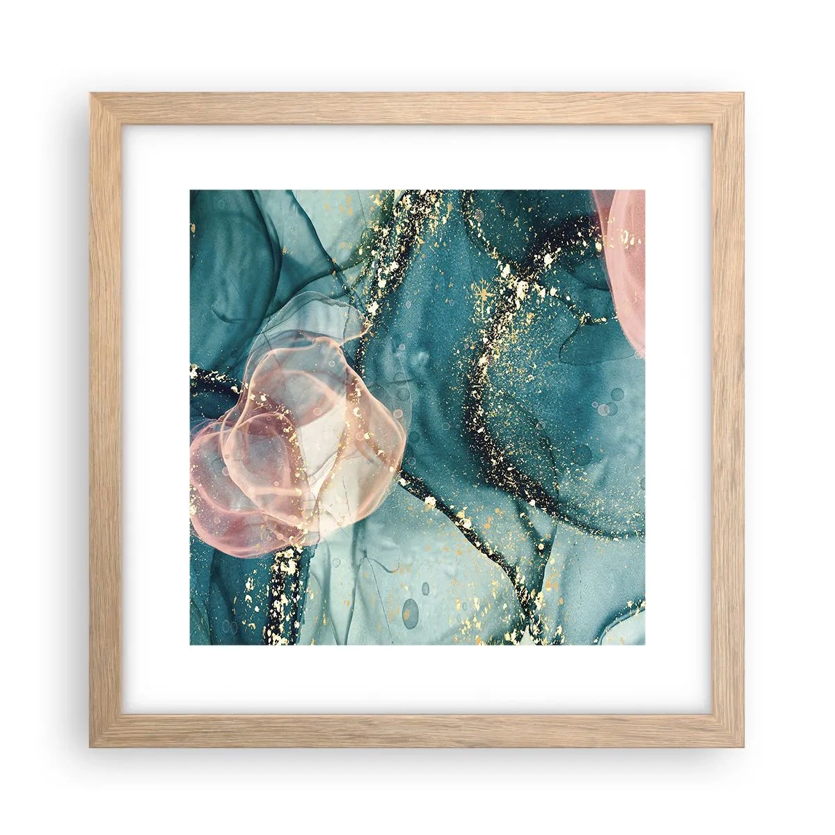 Plakat i ramme af lyst egetræ - Silkeblå, tyl lyserød - 30x30 cm