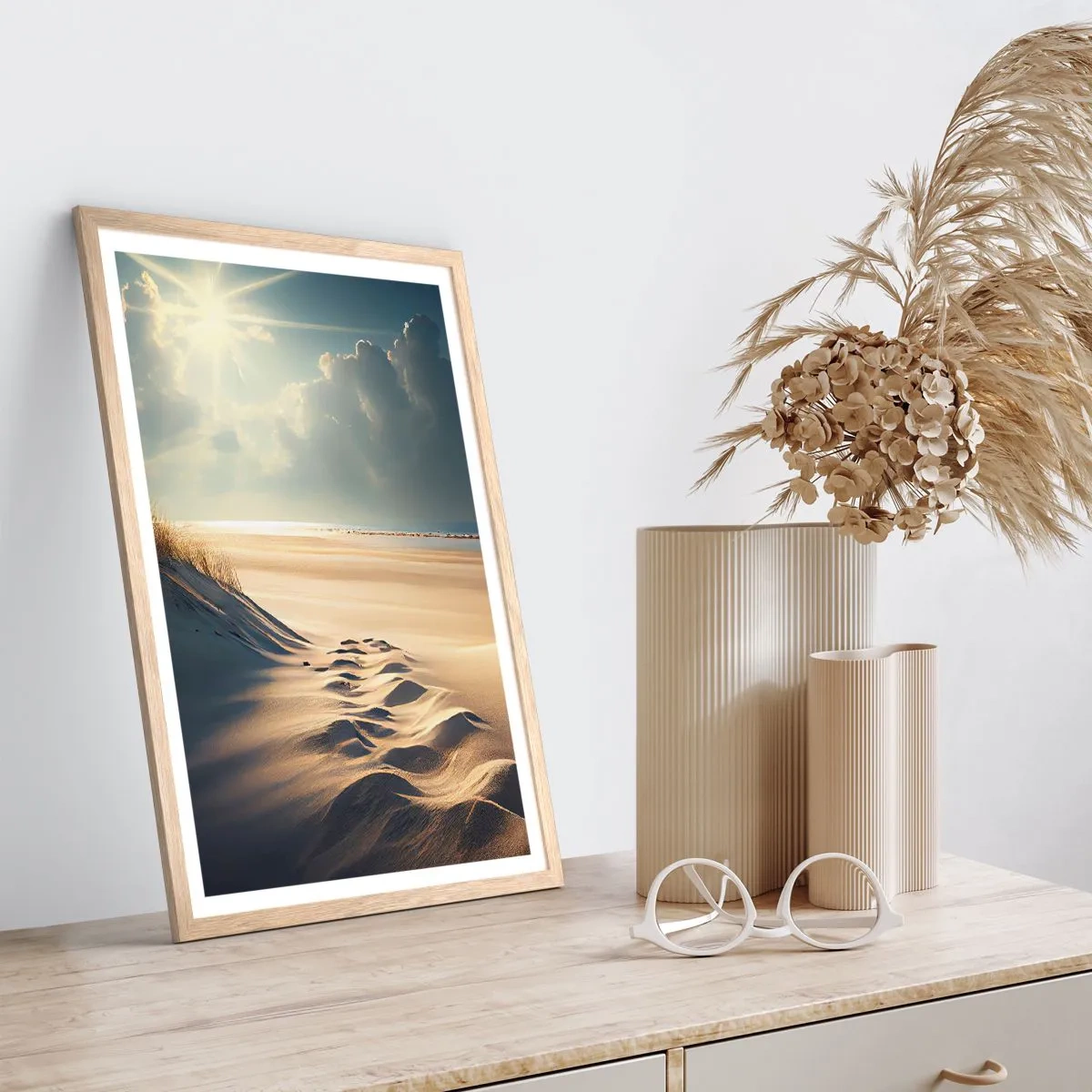 Plakat i ramme af lyst egetræ - Beroligende landskab - 70x100 cm