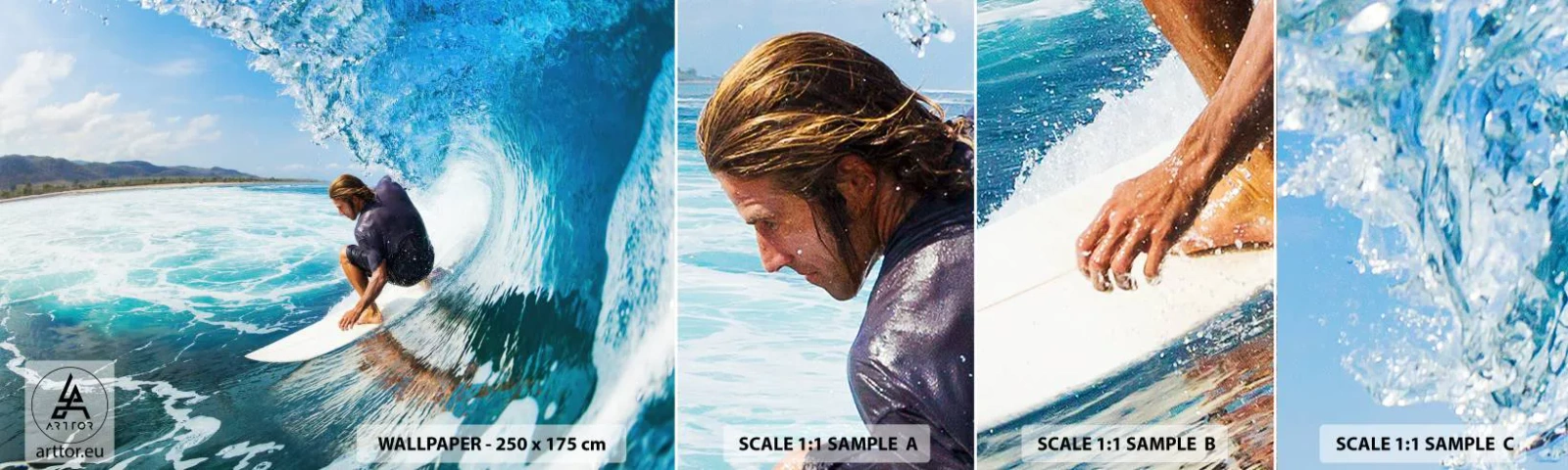 Fototapet Prøve Standard Eco - Danser med bølgerne - Sport, Surfing, Surfbræt - 100x30 cm