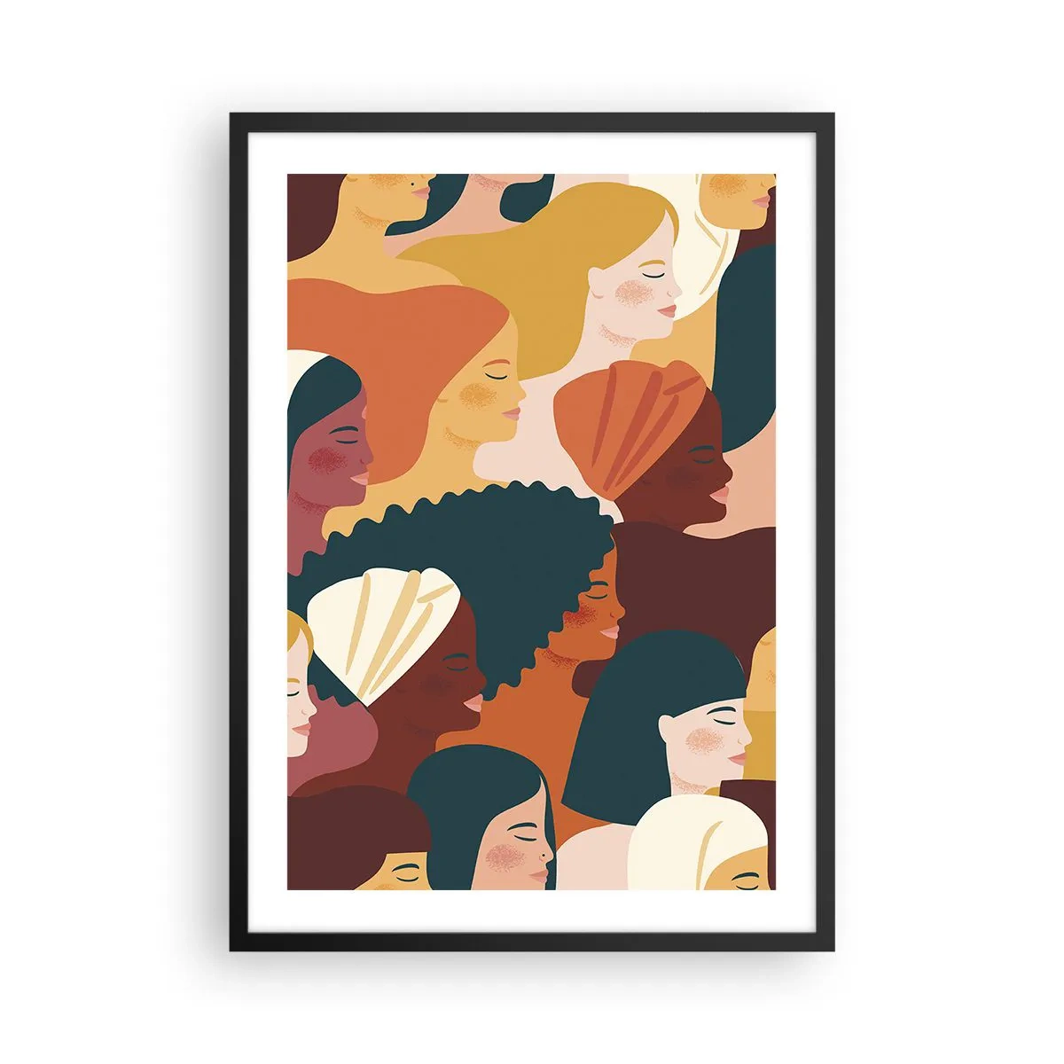 Plakat i sort ramme - Farverig grafik, der viser kvindelige profiler - 50x70cm - Kun kvindelighed - Moderne vægdekoration til stue og soveværelse ARTTOR