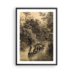 Plakat i sort ramme - En gravering af en tropisk skov og en båd på en flod - 50x70cm - Rejsen til kilden - Moderne vægdekoration til stue og soveværelse ARTTOR
