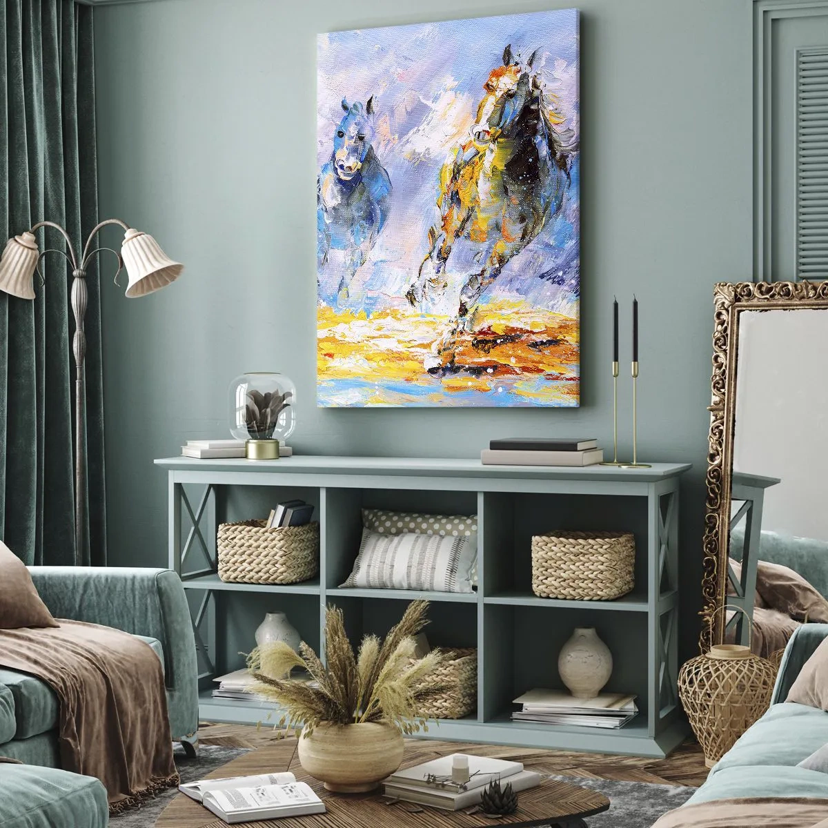 Lærredstryk - Billede på lærred - Galopperer gennem det blanke skær - 45x80 cm