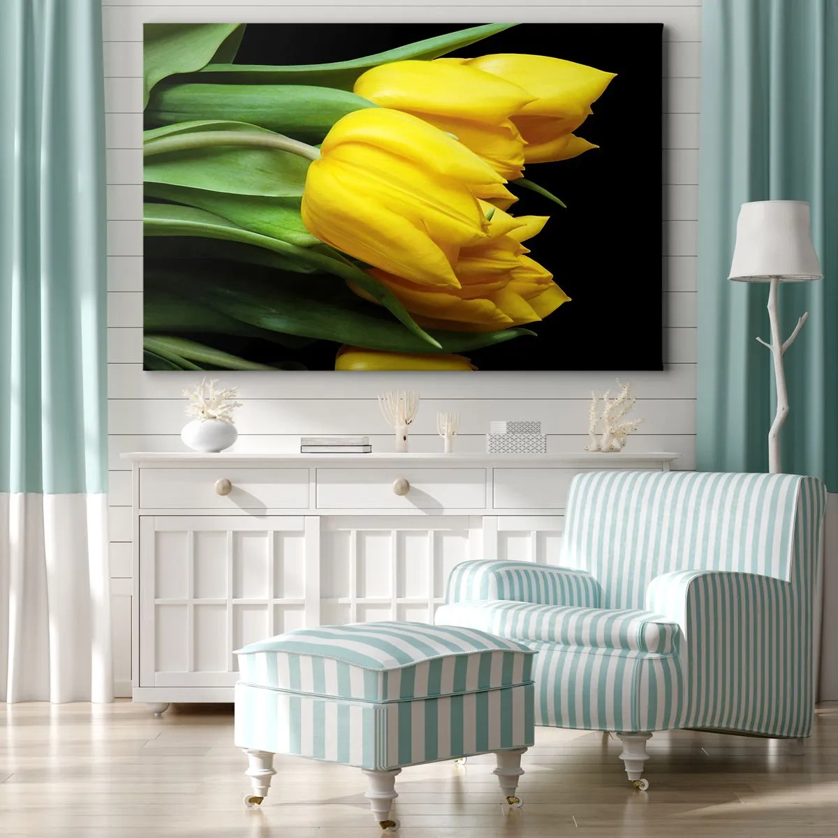 Lærredstryk - Billede på lærred - En buket gule tulipaner på en sort baggrund - 70x50cm - Opstå fra den rene sol - Moderne vægdekoration til stue og soveværelse ARTTOR