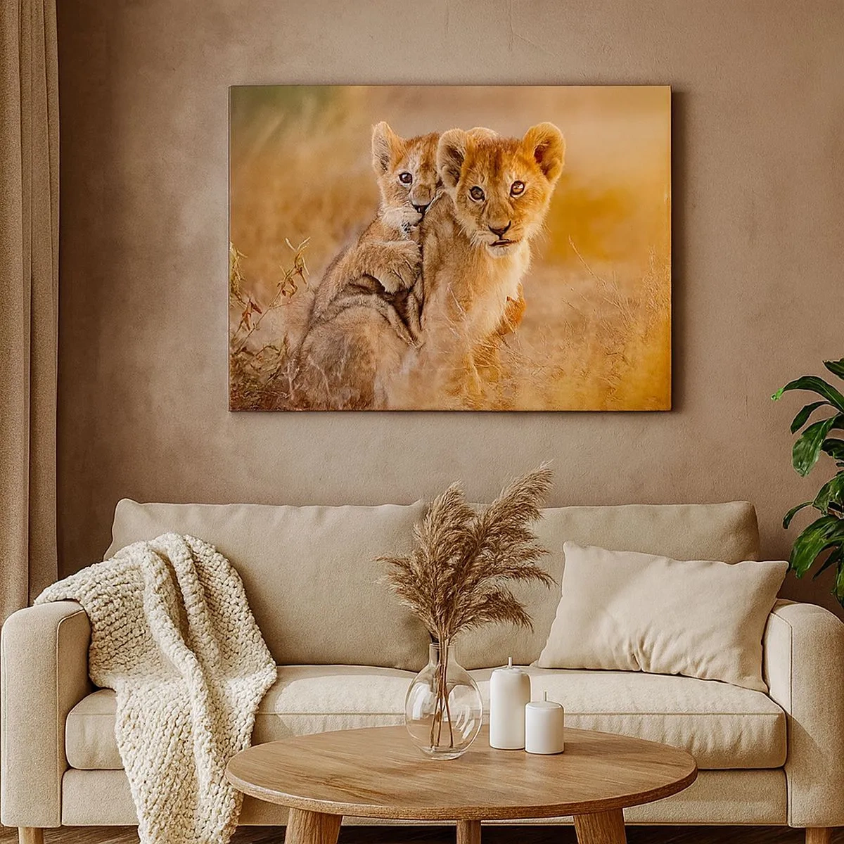 Lærredstryk - Billede på lærred - Bedårende løveunger i deres naturlige omgivelser - 70x50cm - Forstyr ikke! Vi har det sjovt - Moderne vægdekoration til stue og soveværelse ARTTOR