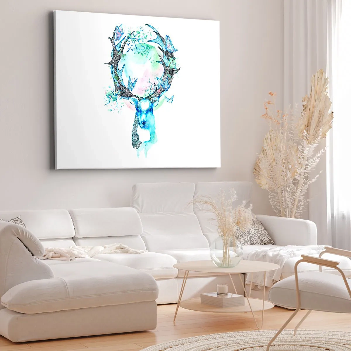 Lærredstryk - Billede på lærred - En finurlig hjortegrafik med et natur- og sommerfuglemotiv - 70x50cm - Naturens styrke og følsomhed - Moderne vægdekoration til stue og soveværelse ARTTOR