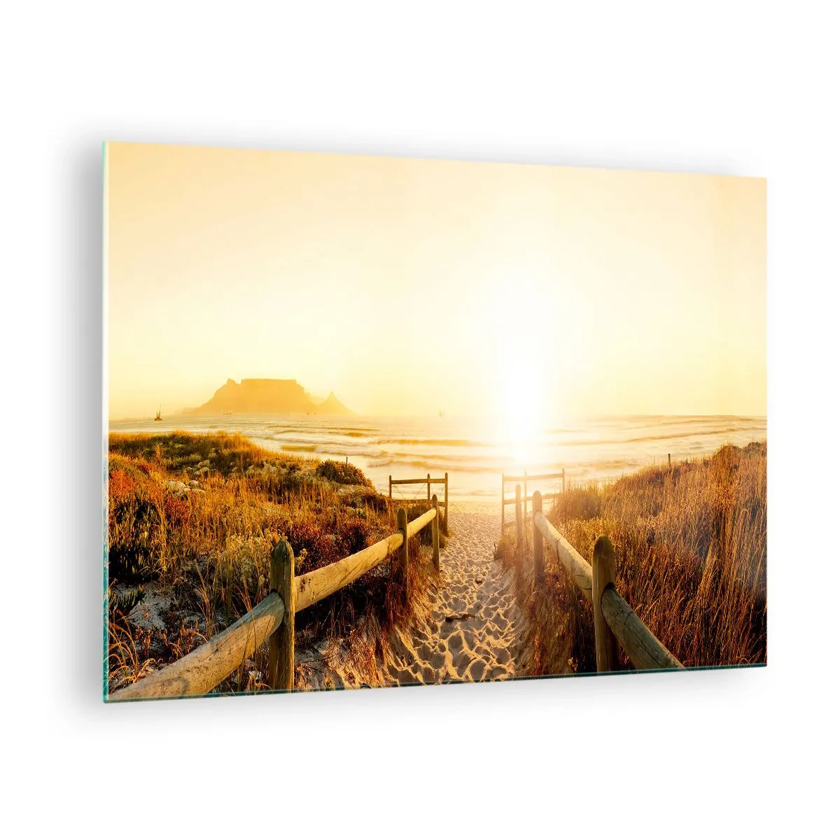 Billede på glas - Sti over klitten, der fører til stranden ved solnedgang - 70x50cm - Over klitten, mod solen - Moderne vægdekoration til stue og soveværelse ARTTOR