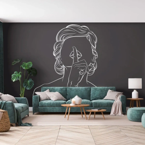 Fototapet Standard Eco - Konturtegning af en kvinde på sort baggrund, der laver en tavs gestus - 100x70cm - Skønhed blomstrer i stilhed - Moderne vægdekoration til stue og soveværelse ARTTOR