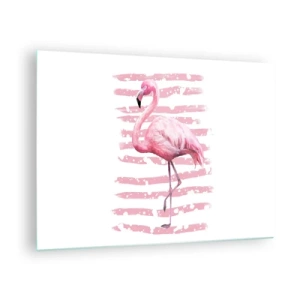 Billede på glas - En lyserød flamingo mod en baggrund af kunstneriske lyserøde striber. - 70x50cm - Med værdighed, om end i pink - Moderne vægdekoration til stue og soveværelse ARTTOR