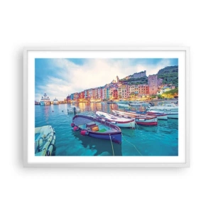 Plakat i hvid ramme - En farverig aften i havnen - 70x50 cm