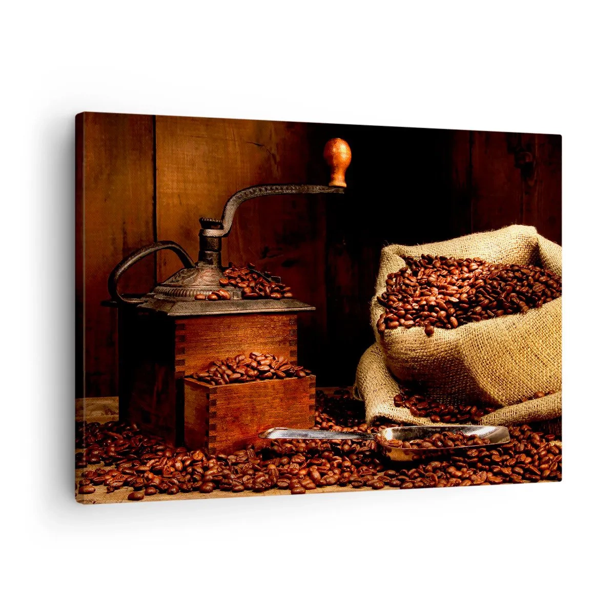 Lærredstryk - Billede på lærred - En gammel kaffekværn med bønner og en pose i rustik stil. - 70x50cm - Stilleben med kaffebønner og kværn - Moderne vægdekoration til stue og soveværelse ARTTOR