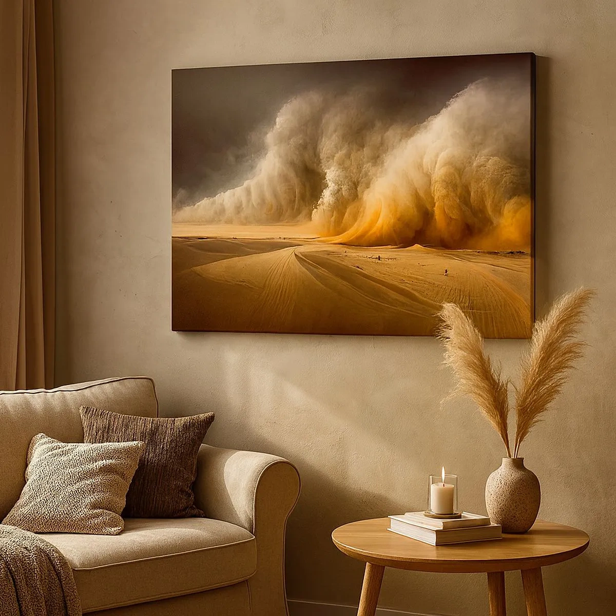Lærredstryk - Billede på lærred - Imponerende sandstorm i ørkenen - 70x50cm - Ørkenens vrede - Moderne vægdekoration til stue og soveværelse ARTTOR
