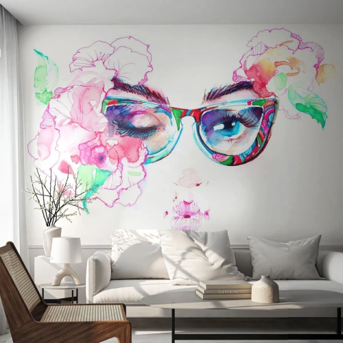 Fototapet Selvklæbende Deluxe Sticker - Et fristende løfte - Abstraktion, Kvindens øjne, Briller - 100x70 cm