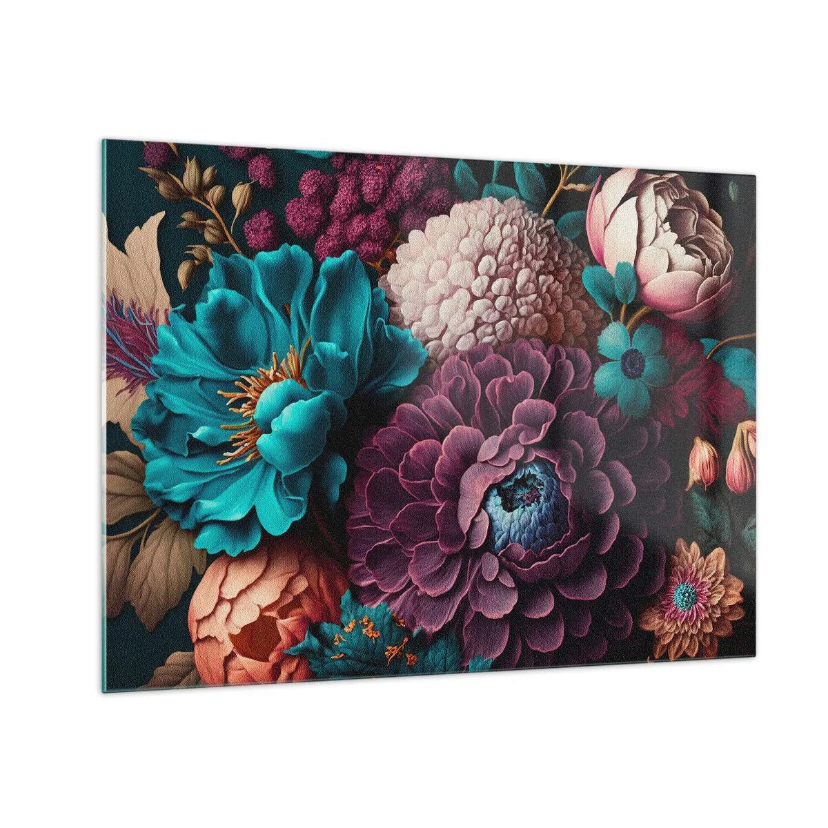 Billede på glas - En rig sammensætning af blomster i intense farver - 70x50cm - Natur i overflod - Moderne vægdekoration til stue og soveværelse ARTTOR