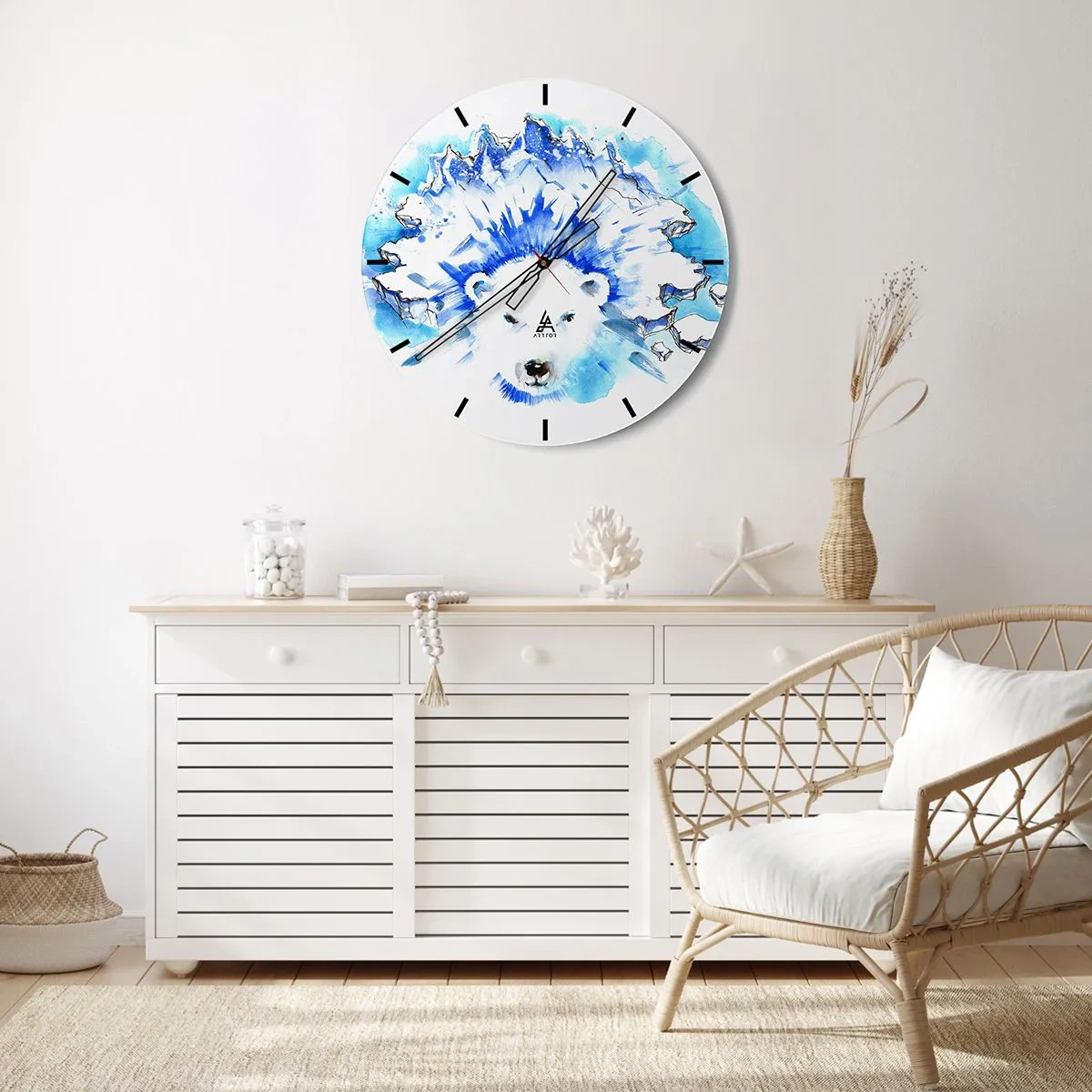 Vægur, Uret - En hvid bjørn med en isnende krone i blå og hvide toner - 30x30cm - Kongen af Arktis i en iskrone - Moderne vægdekoration til stue, køkken og soveværelse ARTTOR