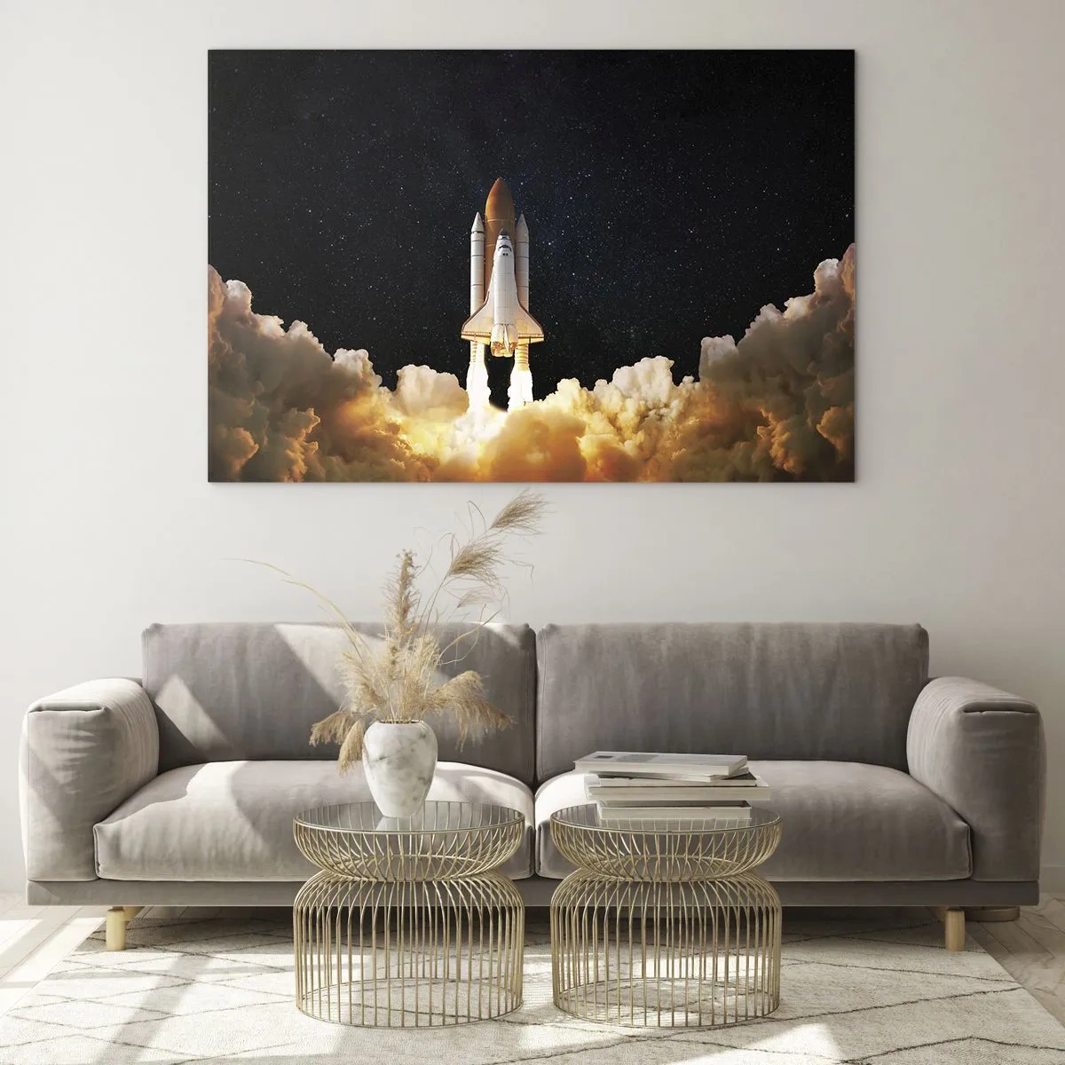 Billede på glas - En rumfærge, der letter mod en stjerneklar himmel - 70x50cm - Ad astra! - Moderne vægdekoration til stue og soveværelse ARTTOR