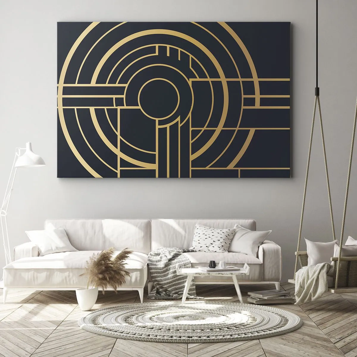 Lærredstryk - Billede på lærred - Geometrisk mønster med gyldne linjer - 70x50cm - At vende tingene på hovedet - Moderne vægdekoration til stue og soveværelse ARTTOR