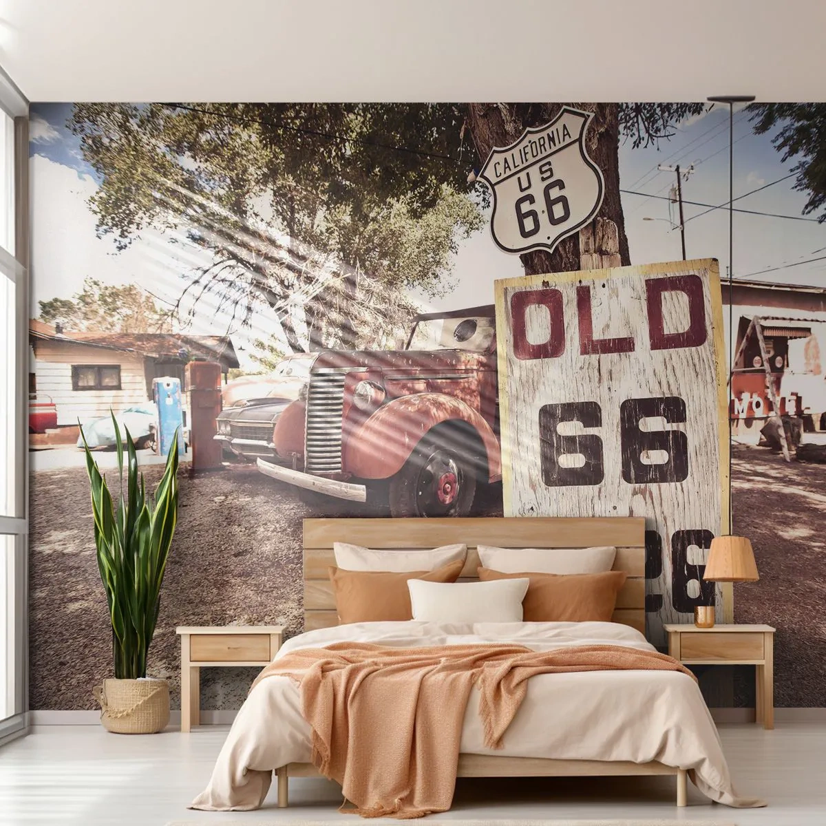 Fototapet Premium Sand - En legende om det amerikanske landskab - Rute 66, Gammeldags, Gammel bil - 100x70 cm