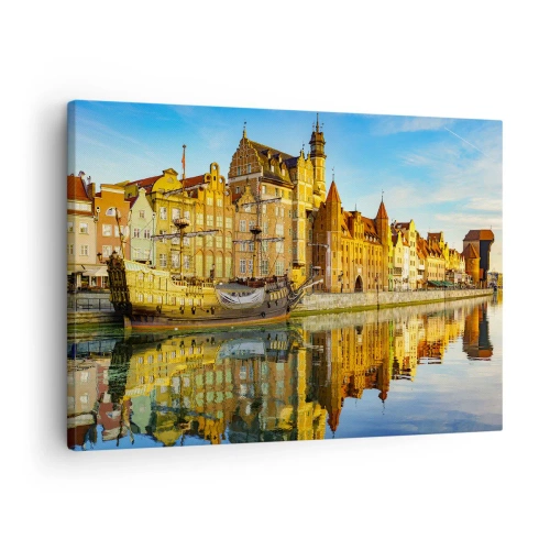 Lærredstryk - Billede på lærred - En malerisk udsigt over den gamle bydel med et sejlskib og vand - 70x50cm - Et spejlbillede af fortiden - Moderne vægdekoration til stue og soveværelse ARTTOR