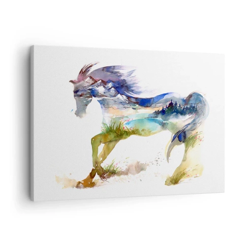 Lærredstryk - Billede på lærred - Akvarel af en hest med et bjerglandskab i silhuet - 70x50cm - Fra engen lige op til himlen - Moderne vægdekoration til stue og soveværelse ARTTOR