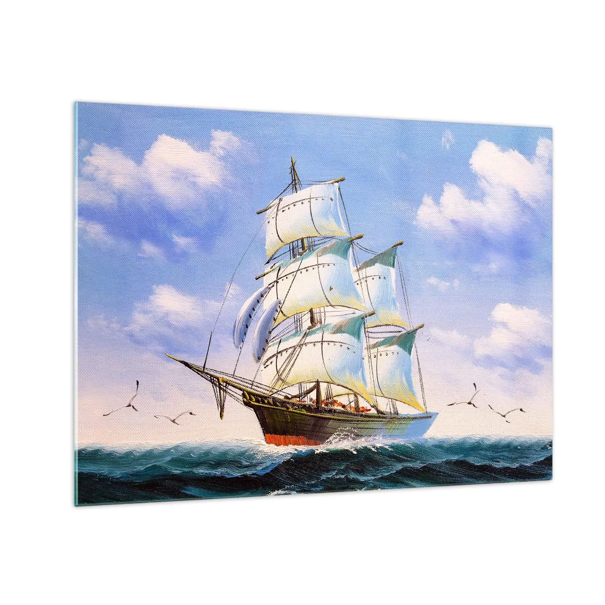Billede på glas - Et sejlskib på åbent hav under en blå himmel - 70x50cm - Stolt med vinden - Moderne vægdekoration til stue og soveværelse ARTTOR