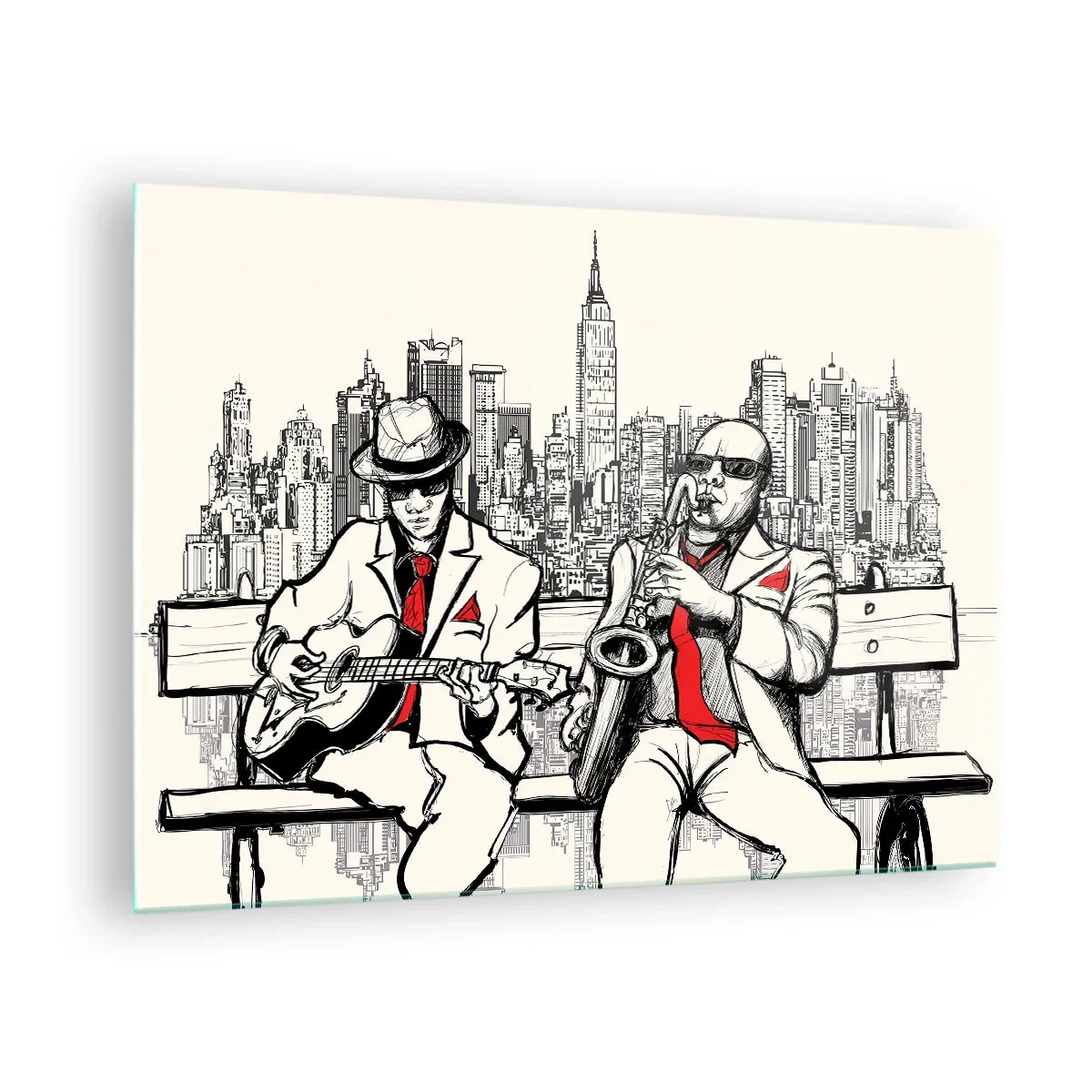 Billede på glas - To jazzmusikere spiller mod byens skyline som baggrund - 70x50cm - New York improvisation - Moderne vægdekoration til stue og soveværelse ARTTOR