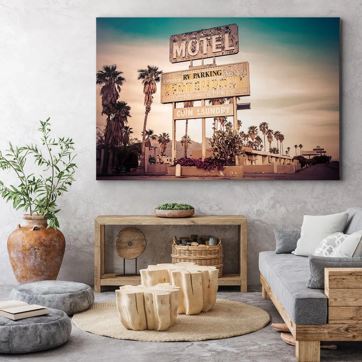 Lærredstryk - Billede på lærred - Retro motelskilt omgivet af palmer - 70x50cm - Her er tiden standset - Moderne vægdekoration til stue og soveværelse ARTTOR