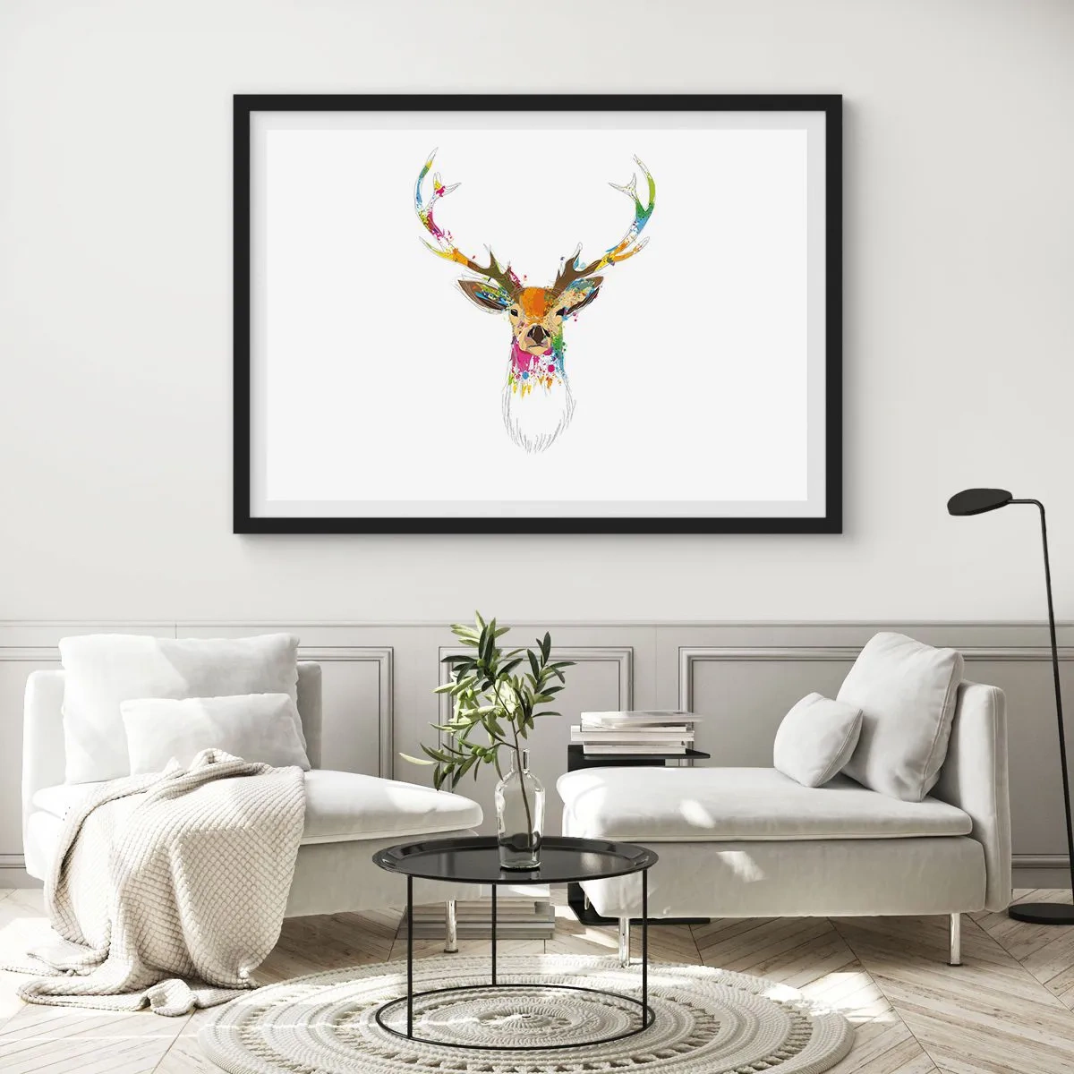 Plakat i sort ramme - Blid kronhjort badet i farver - 70x50 cm