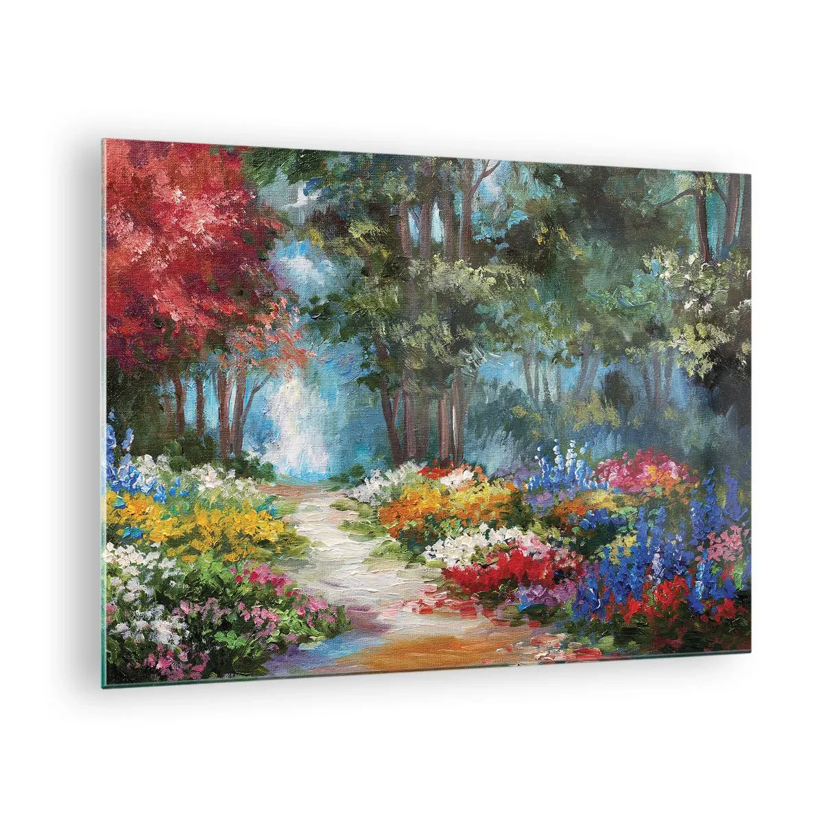 Billede på glas - En farverig skovhave med blomstrende blomster - 70x50cm - Skovhave, blomsterskov - Moderne vægdekoration til stue og soveværelse ARTTOR