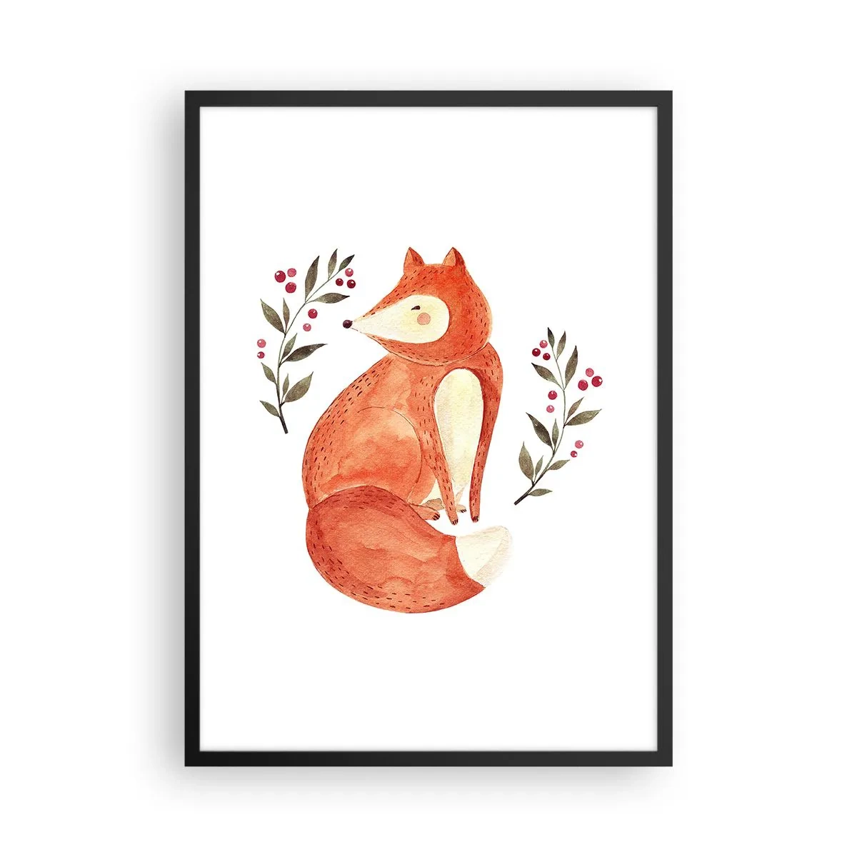 Plakat i sort ramme - Illustration af en ræv omgivet af grene med røde frugter - 50x70cm - Lille rødhåret - Moderne vægdekoration til stue og soveværelse ARTTOR