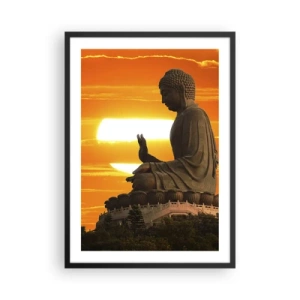 Plakat i sort ramme - En Buddha-statue mod en orange himmel - 50x70cm - Uden frygt for verden - Moderne vægdekoration til stue og soveværelse ARTTOR