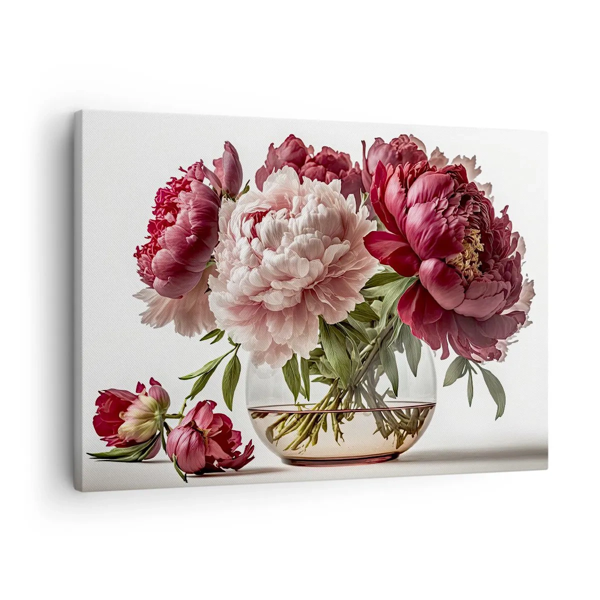 Lærredstryk - Billede på lærred - En buket pæoner i lyserøde og røde nuancer - 70x50cm - I fuldt flor af skønhed - Moderne vægdekoration til stue og soveværelse ARTTOR