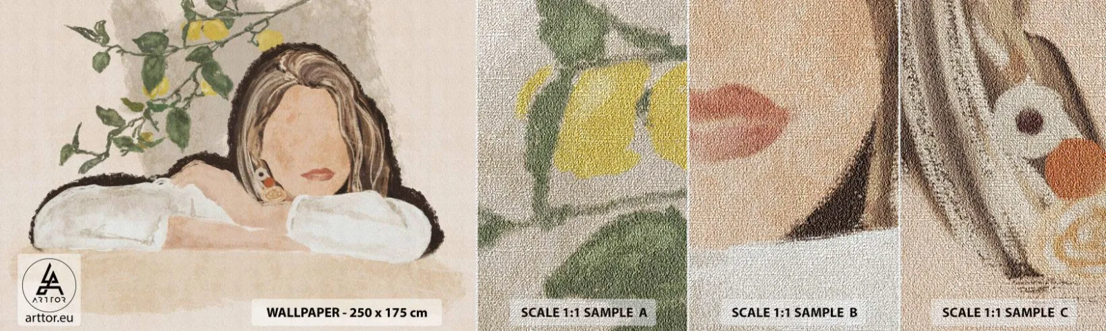 Prøve Fototapet Premium Canvas - Sydstaternes skønhed - Kvinde, Citroner, Minimalisme - 100x30 cm