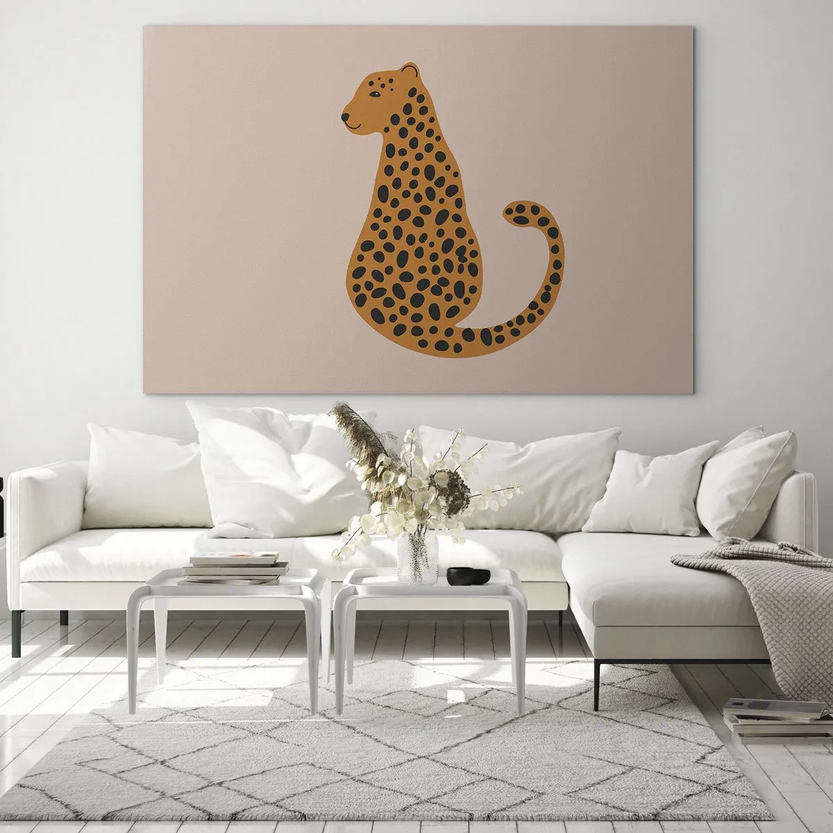 Billede på glas - Illustration af en panter med sorte pletter på en beige baggrund - 70x50cm - Leopardprint er et moderigtigt mønster - Moderne vægdekoration til stue og soveværelse ARTTOR
