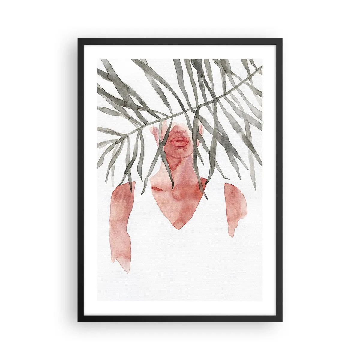 Plakat i sort ramme - Akvarel silhuet af en kvinde skjult bag blade - 50x70cm - Tropernes dame - Moderne vægdekoration til stue og soveværelse ARTTOR